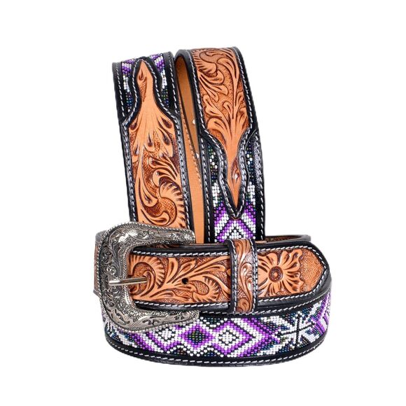 9377 Western Tooled Leather Beaded Belt For Men And Women 30is110-32